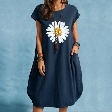 

ClodeEU Fashion Women Casual O- Neck Daisy Print Plus Size Pocke Navy 4(S)