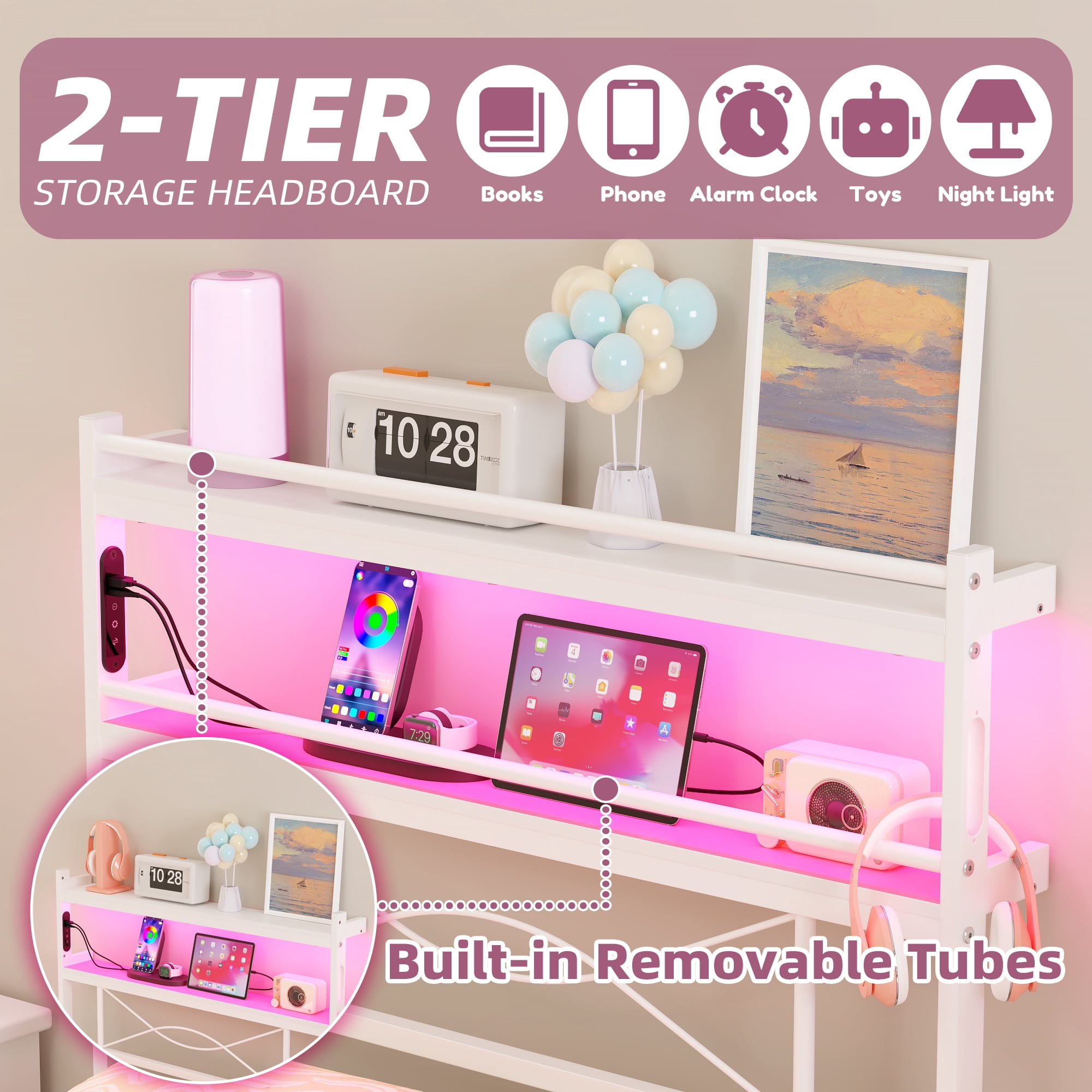 Yoneston Twin Size Power Outlet LED Light Metal Platform Bed Frame with 2-Tier Storage Headboard for Girls Kids Teens Bedroom, White