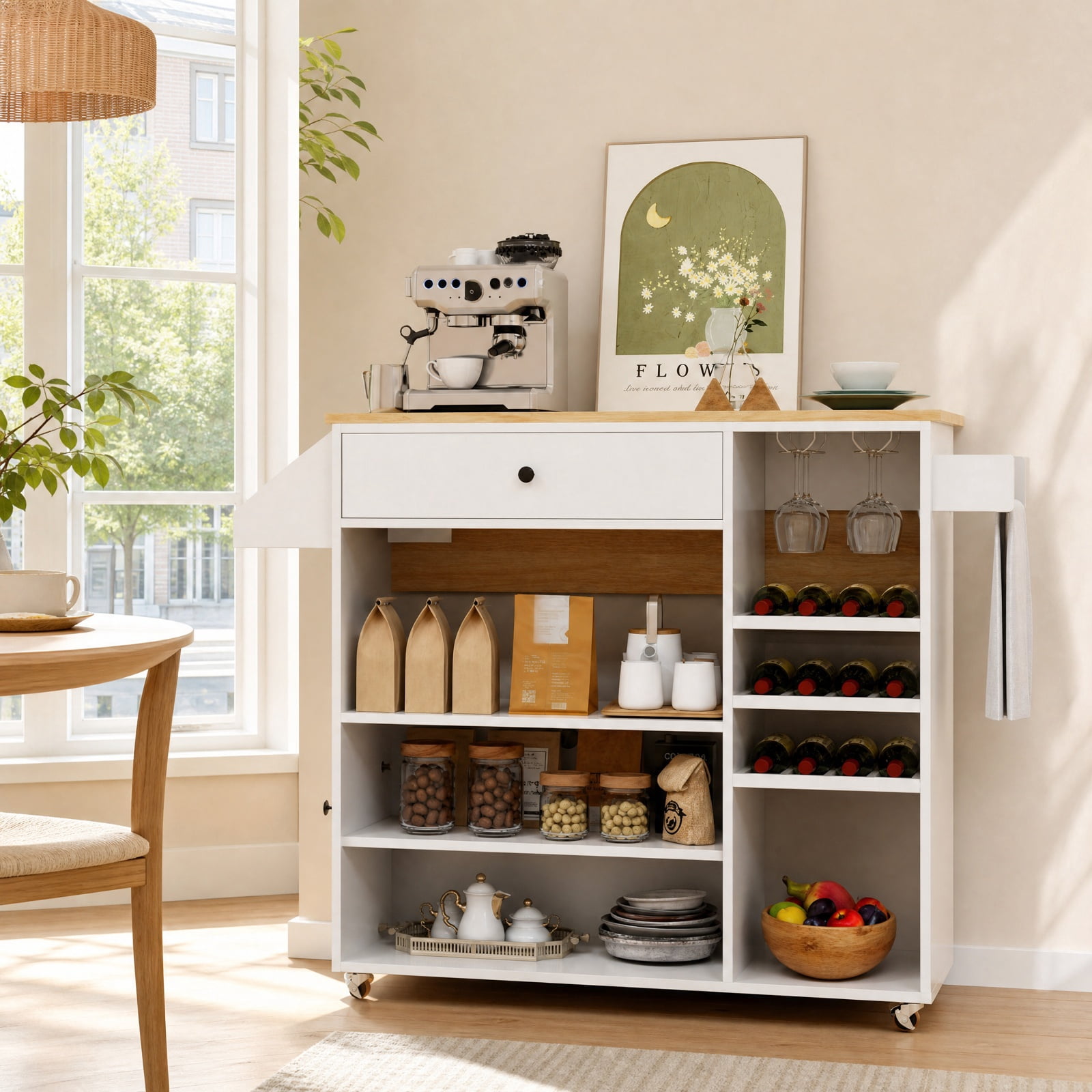 Furnibear Drop Leaf Mobile Kitchen Island Cart with Power Outlet Adjustable Shelf Wine Rack and Storage Cabinet for Small Kitchens, White