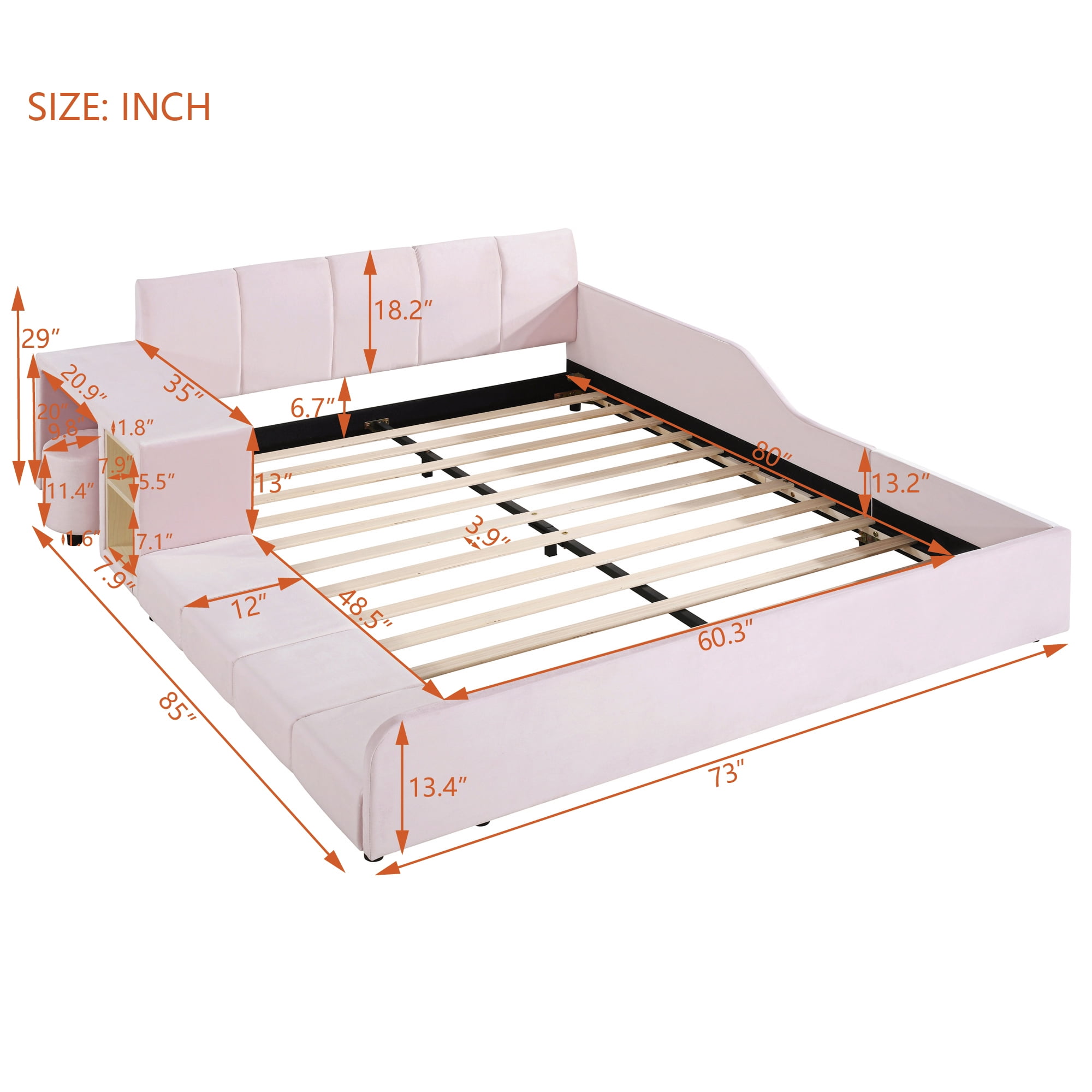 Aukfa Queen Size Velvet Upholstered Mother & Child Bed Frame, Grounded Platform Bed with Bedside Desk & Round Stool, Floor Bed for Kids & Adults Bedroom, Pink
