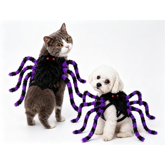 Halloween Spider Pet Costume for Small Dogs Cats, Fuzzy 8 Legs Spooky Cosplay Outfit with Adjustable Straps, Size S
