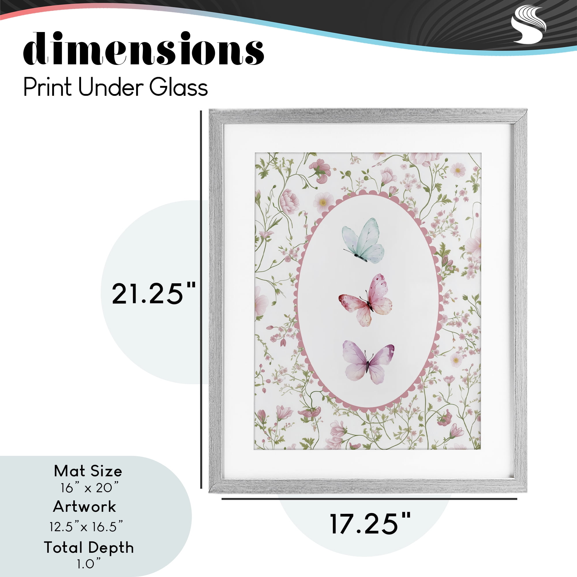 Delicate Florals & Butterfly Gray Framed Print Under Glass, design by Christine Simpson Art