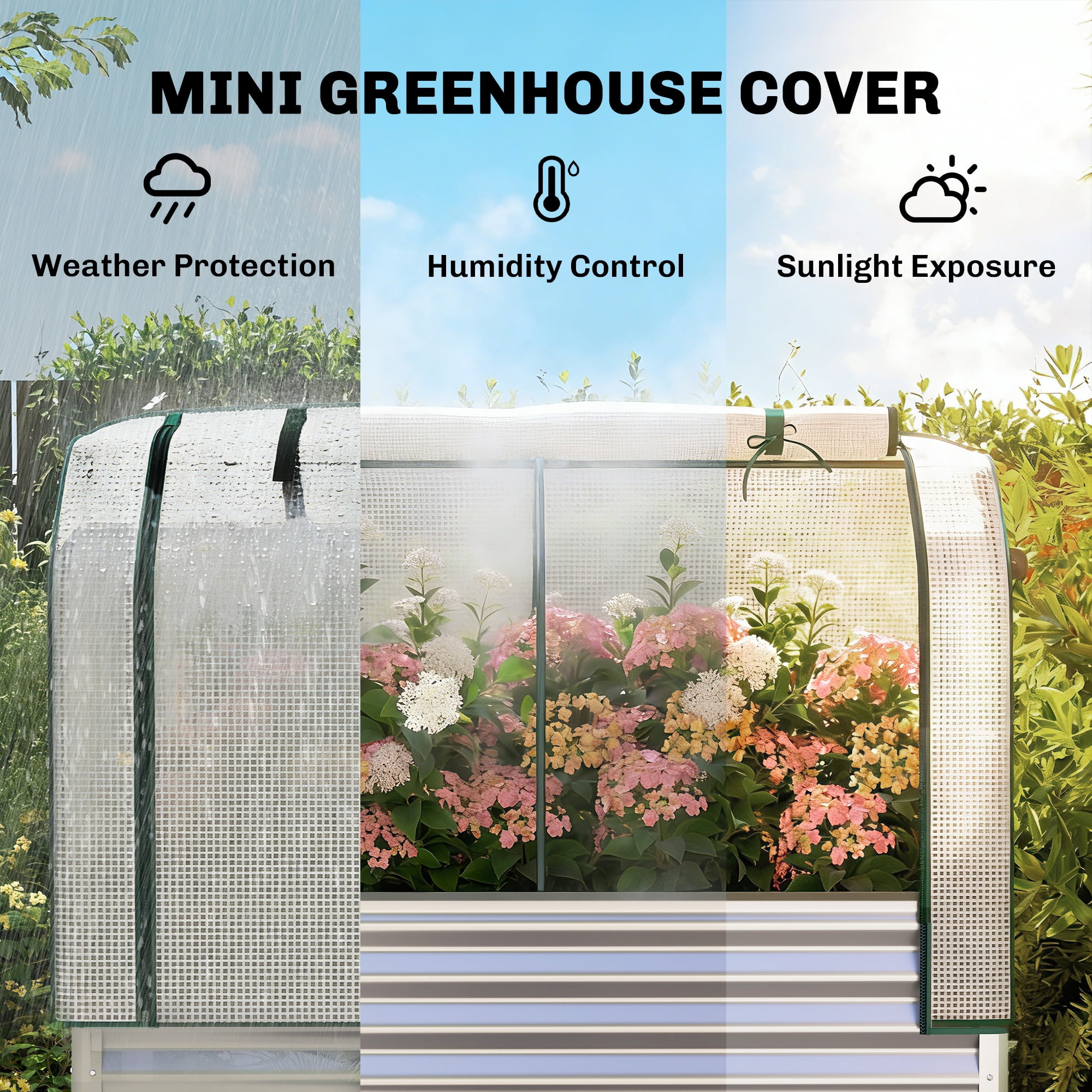 Outsunny Galvanised Raised Garden Bed with Greenhouse Cover, Metal Elevated Garden Bed with Bed Liner and Bottom Shelf, Silver