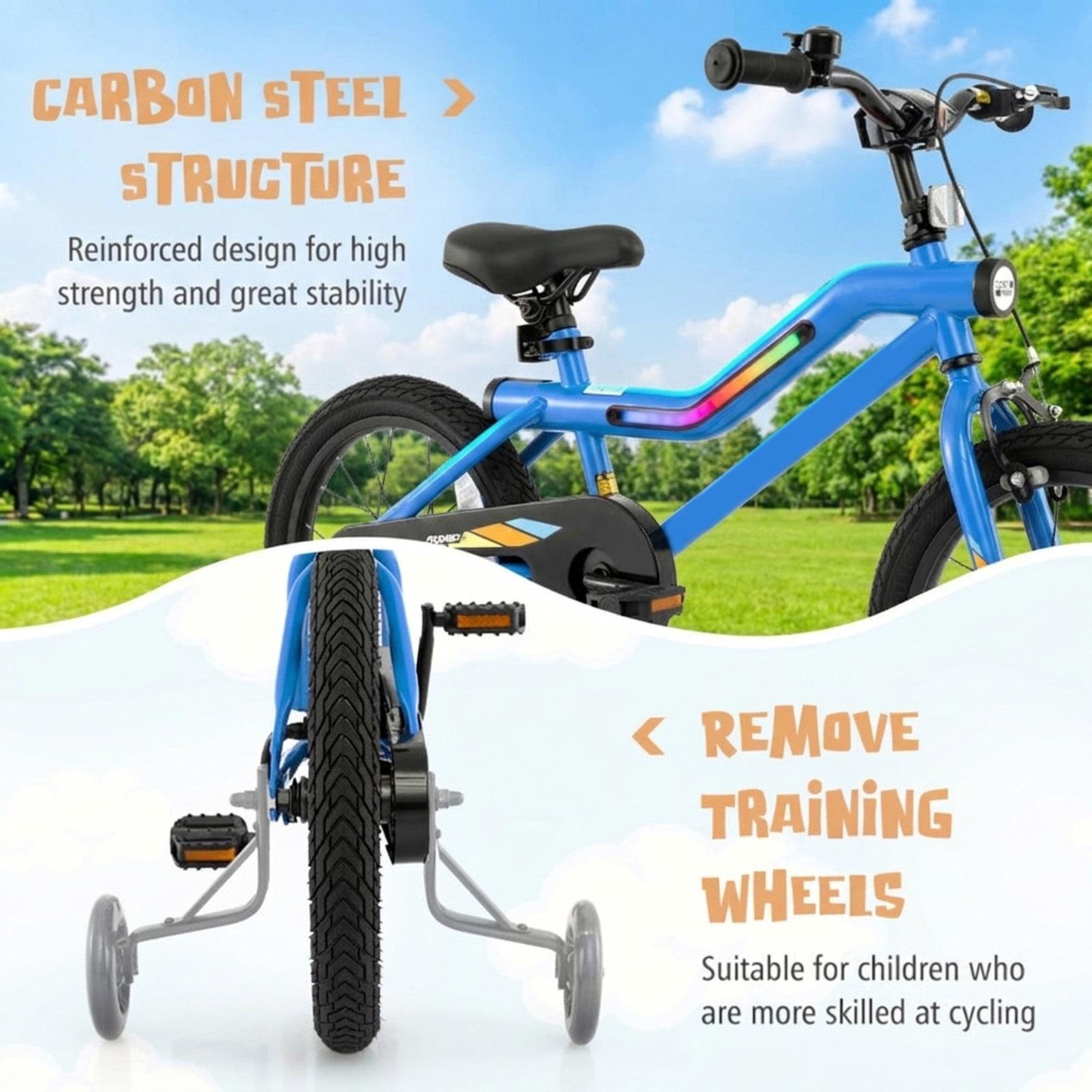 Redsmile 16 Inch Kids Bike for Boys Girls Ages 4-7, LED Lighted Kids Bicycle with Removable Training Wheels and Adjustable Seat, Carbon Steel Frame Beginner Bike, 145 lbs Capacity, Multicolor