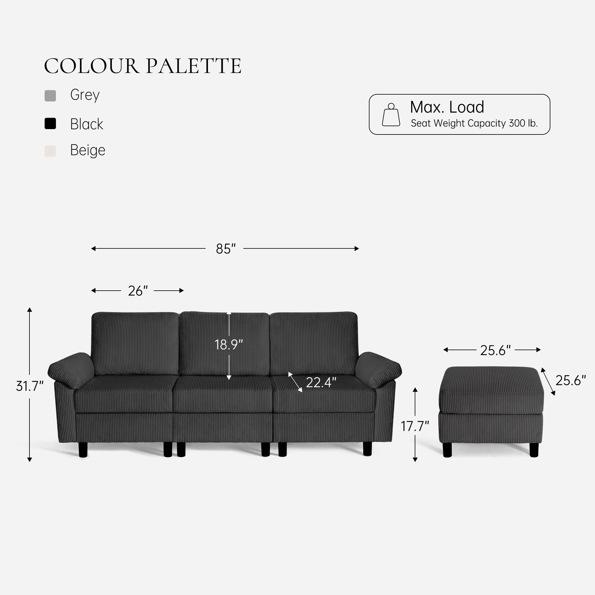 SAETSFEG Sectional Sofa, L-Shape 3-Seat Couch with Movable Ottoman, Modern Storage Modular Sofa for Living Room,Black