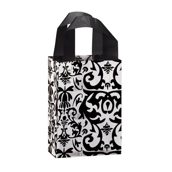 SSWBasics Small Black Damask Frosted Plastic Shopping Bags -  5" x 3" x 7" - Case of 100
