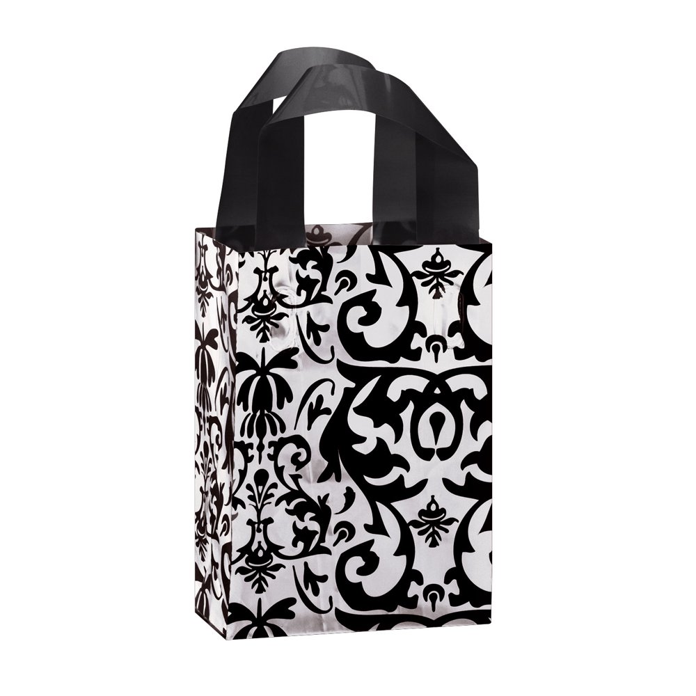 Small Black Damask Frosted Plastic Shopping Bags 5" x 3" x 7" Case of 100