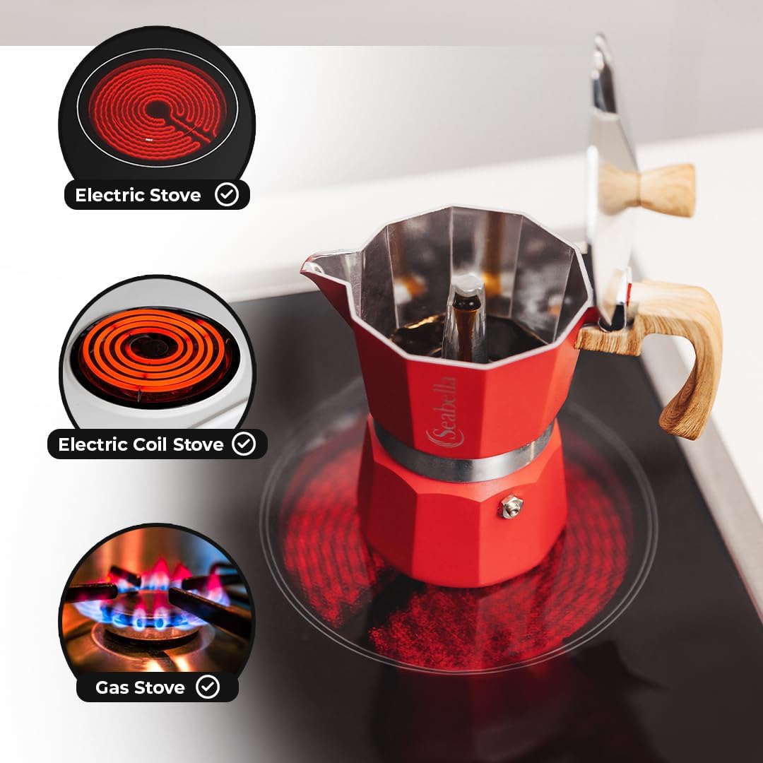 Senhu Moka Pot 6 Espresso Cup - 300ml/10 oz Stovetop Espresso Maker Cuban Coffee Maker Italian Espresso Greca Coffee Maker, Red