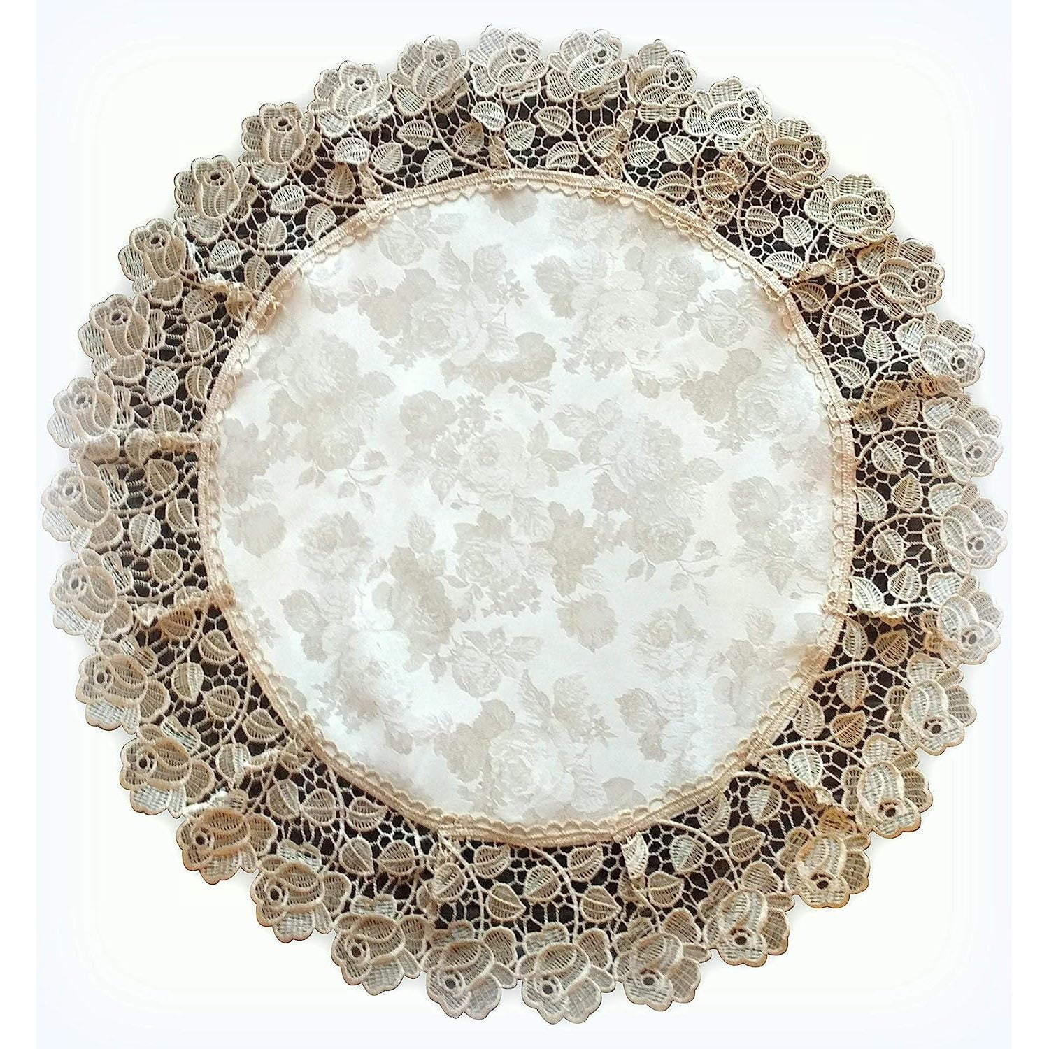 HElectQRIN Large Doily Rose Lace Jacquard Champagne Color 24 inch Round