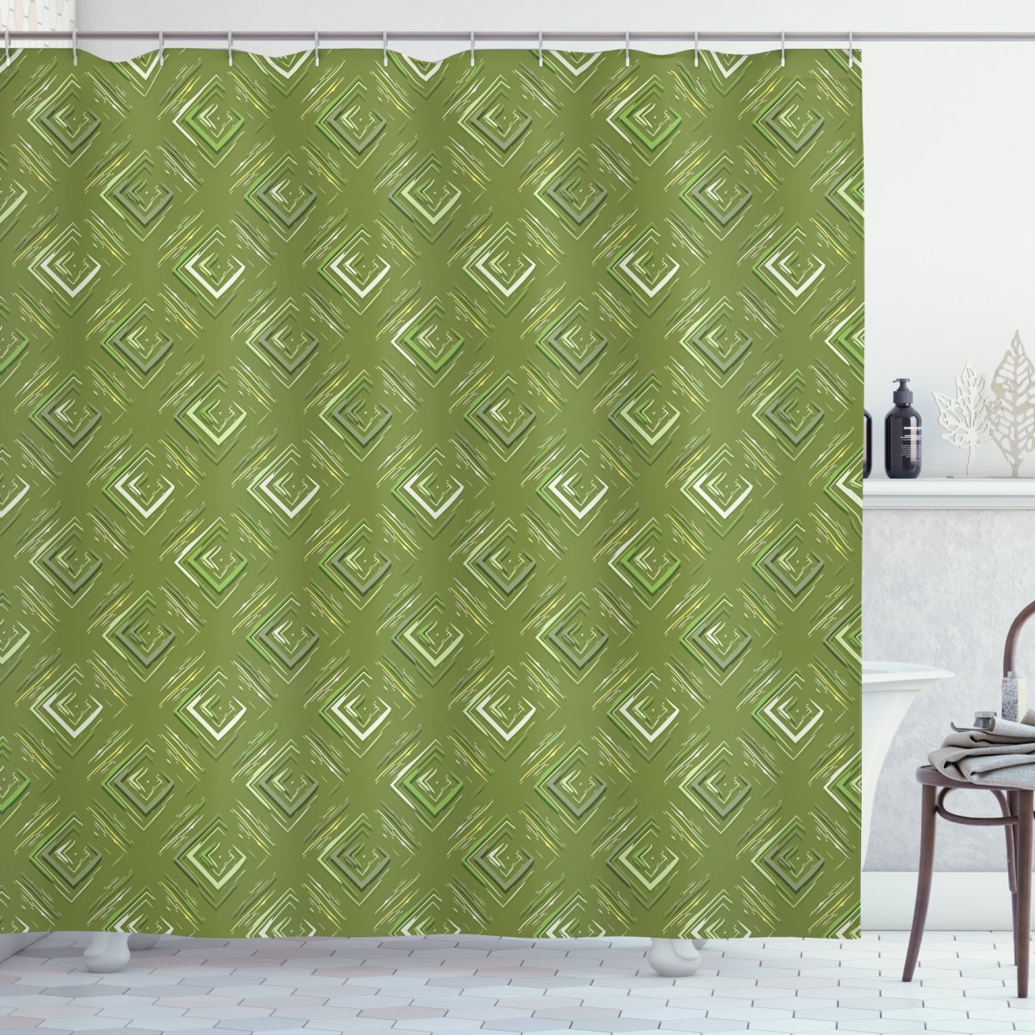 Olive Green Shower Curtain, Grunge Geometric Pattern Square Shape