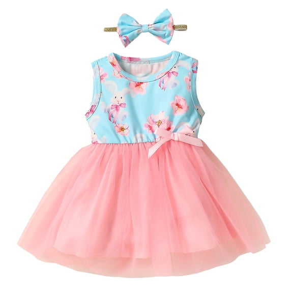 Odeerbi 2025 Toddler Baby Girls Net Yarn Easter Rabbit Flowers Print Sleeveless Bow Skirt Dress