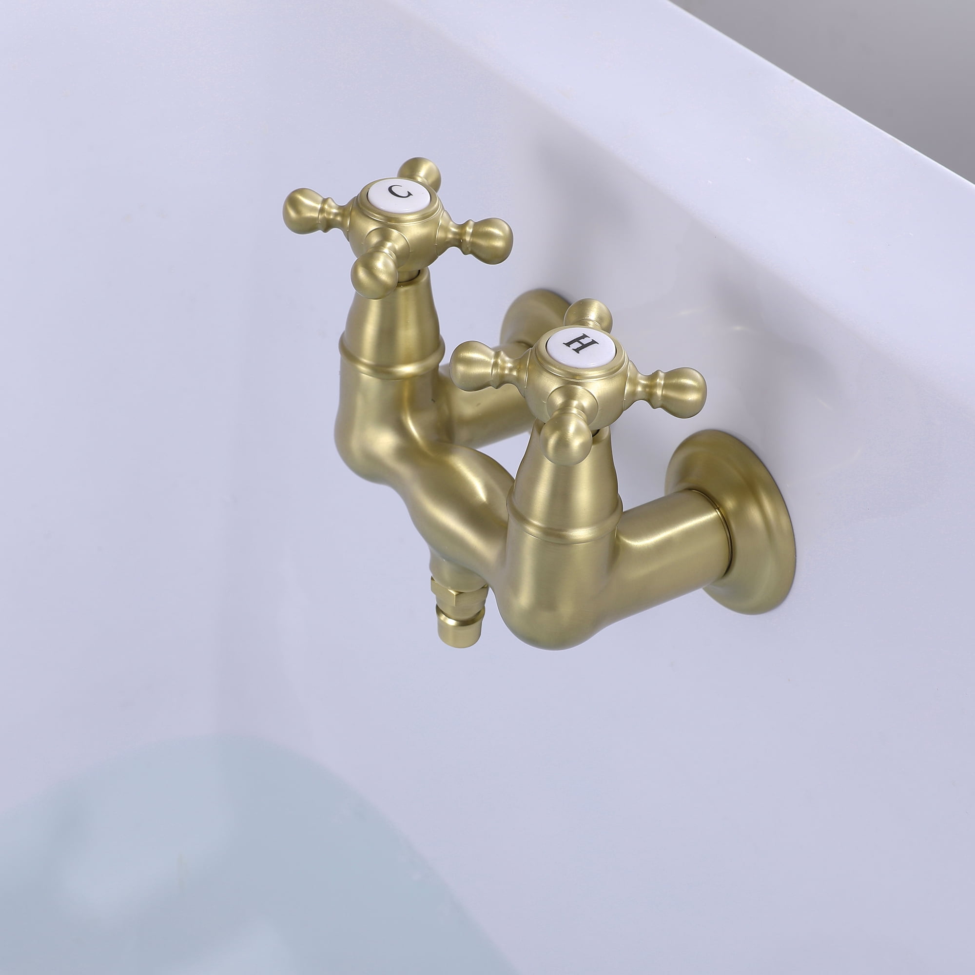 SUMERAIN Wall Mount Clawfoot Bathtub Faucet with Two Cross Handles Brushed Gold