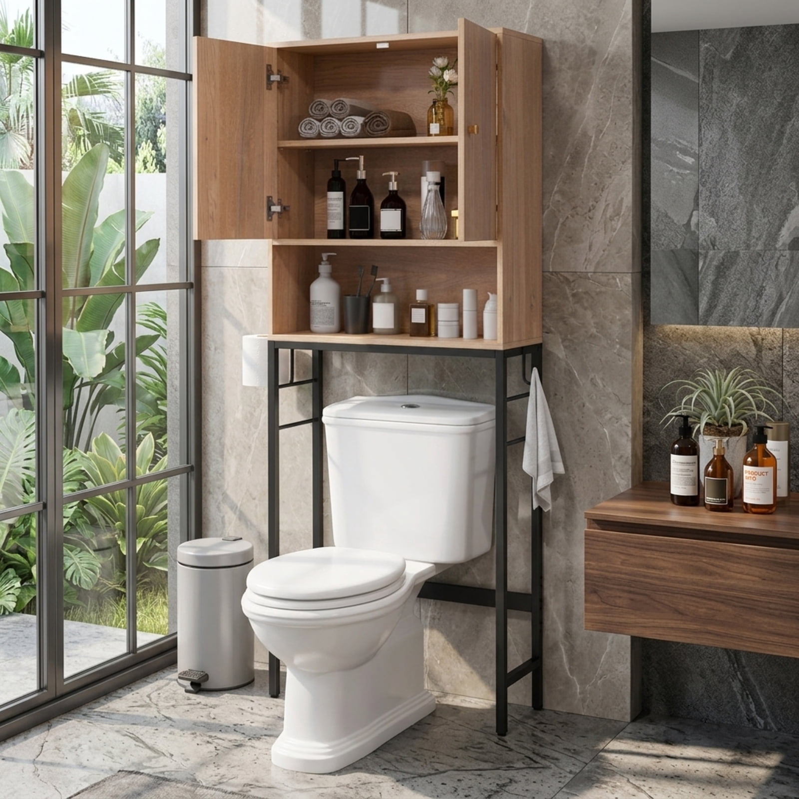 Vebreda Over the Toilet Storage Cabinet with 2 Doors and Adjustable Shelf for Bathroom Space Saving Organization, Natural