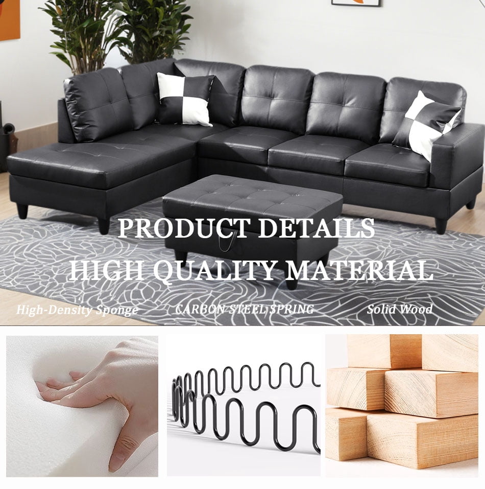 Homeora 3-Piece Piece Couch Living Room,Faux Leather Sofa Set,Faux Leather Sofa Set,L-Shaped Sectional Sofa,Right Facing Chaise Couch Living Room,Black