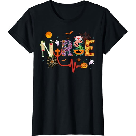Nurse Halloween Costume Stethoscope Heartbeat Pumpkin Womens T-Shirt