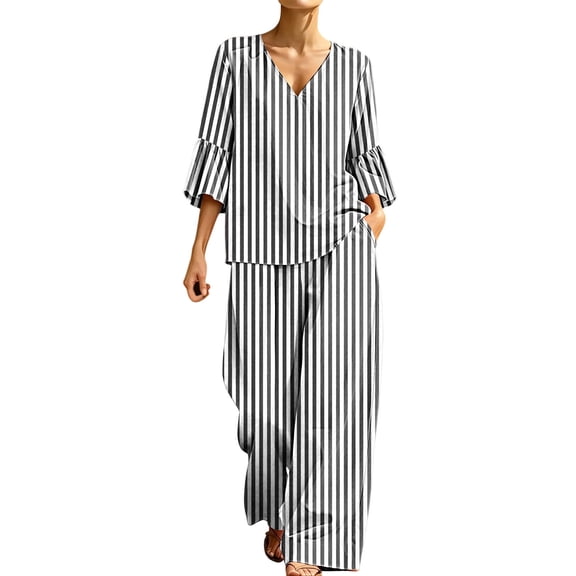 Women Striped Casual Two Piece Outfit, V-Neck Three Quarter Sleeve Top And Wide Leg Pants, Soft Loose Fashion Co-Ord Set For Everyday Leisure Wear Black S