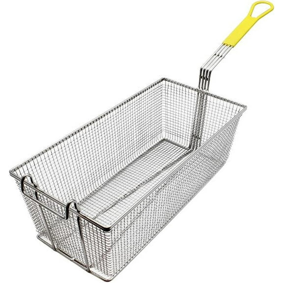 Truecraftware – 17" x 8" x 5-3/4" Rectangular Deep Fry Basket with Hook Heavy Duty Nickel Plated Iron with Yellow Coated Handle - Kitchen Frying Chips Fish Sausages