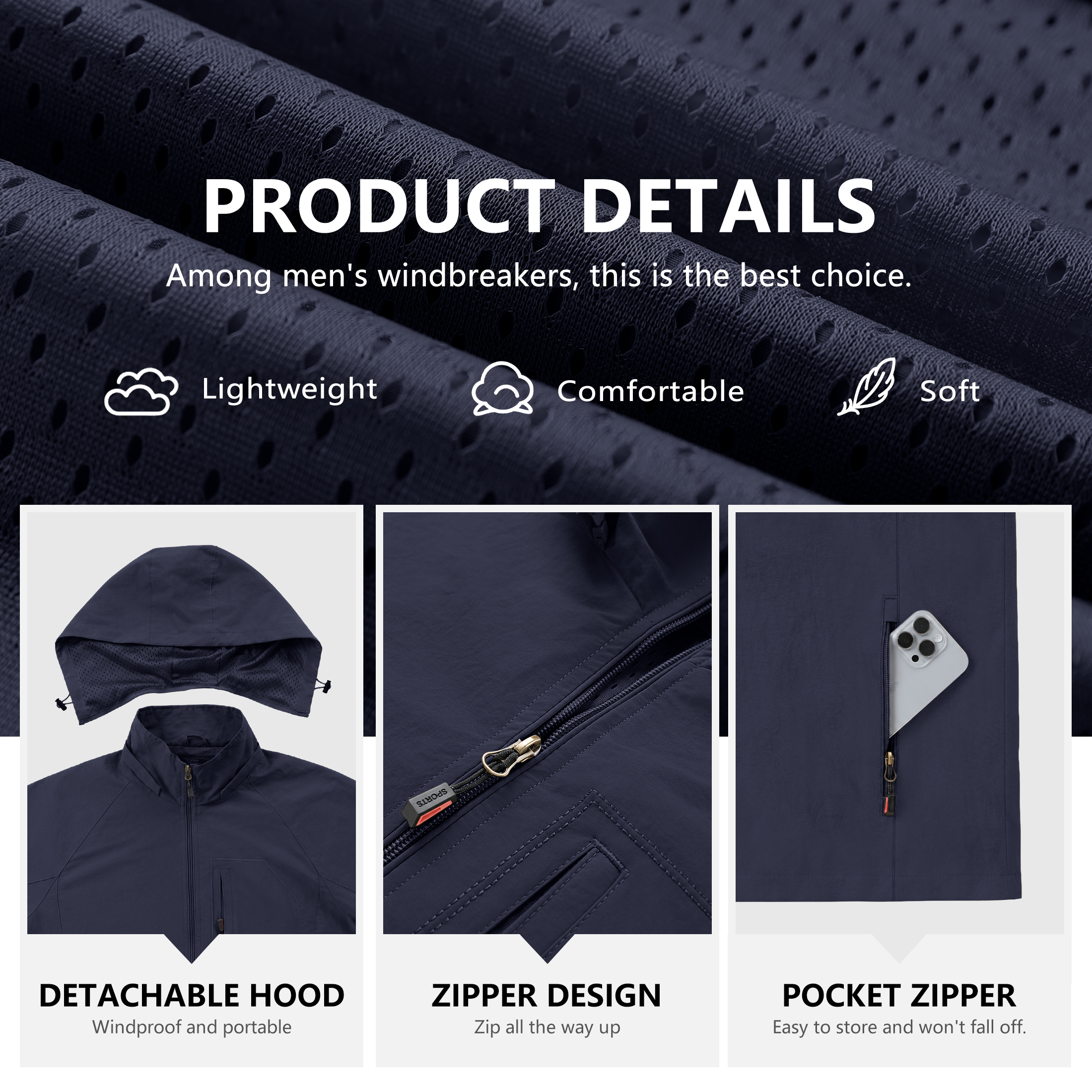 Iceglad Men's Lightweight Windbreaker Jacket with Detachable Hood photo 5
