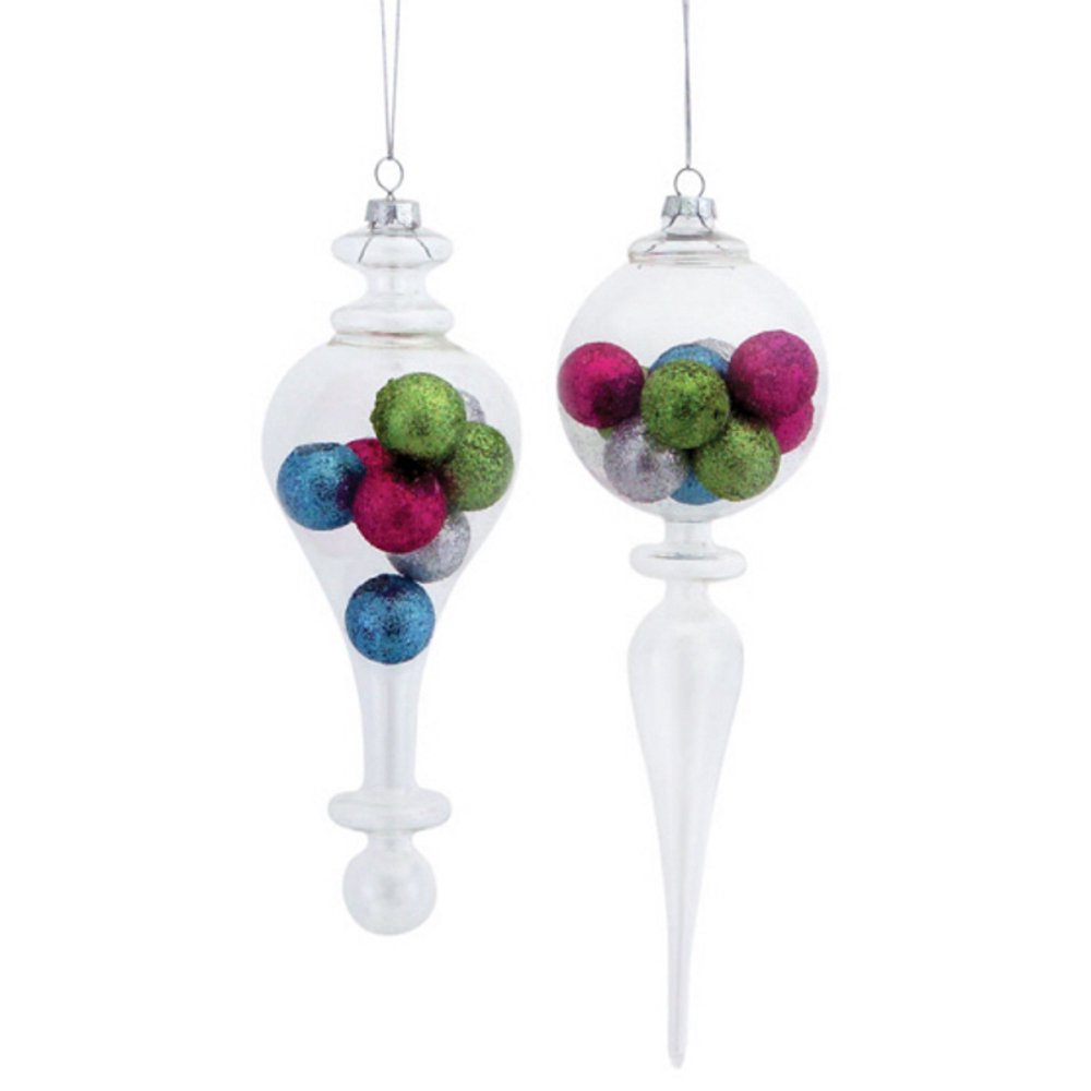 Pack of 12 Clear Glass Finial Christmas Ornaments with MultiColor