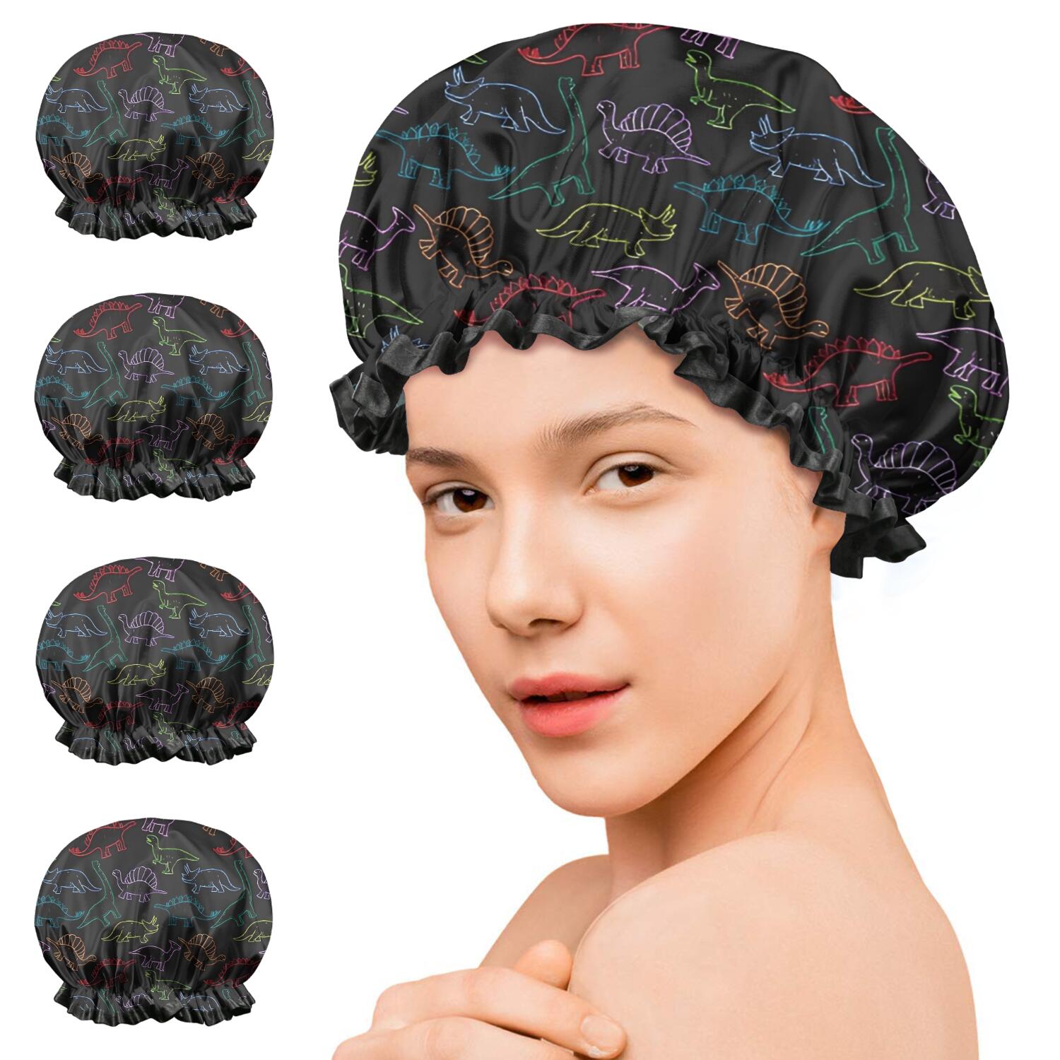 Shower Caps,Black Colorful Dinosaurs Chalk Pattern Waterproof Shower Cap for Women 4 Pieces,Double Reusable Hair Cover for Shower PEVA Elastic Stretch Hem