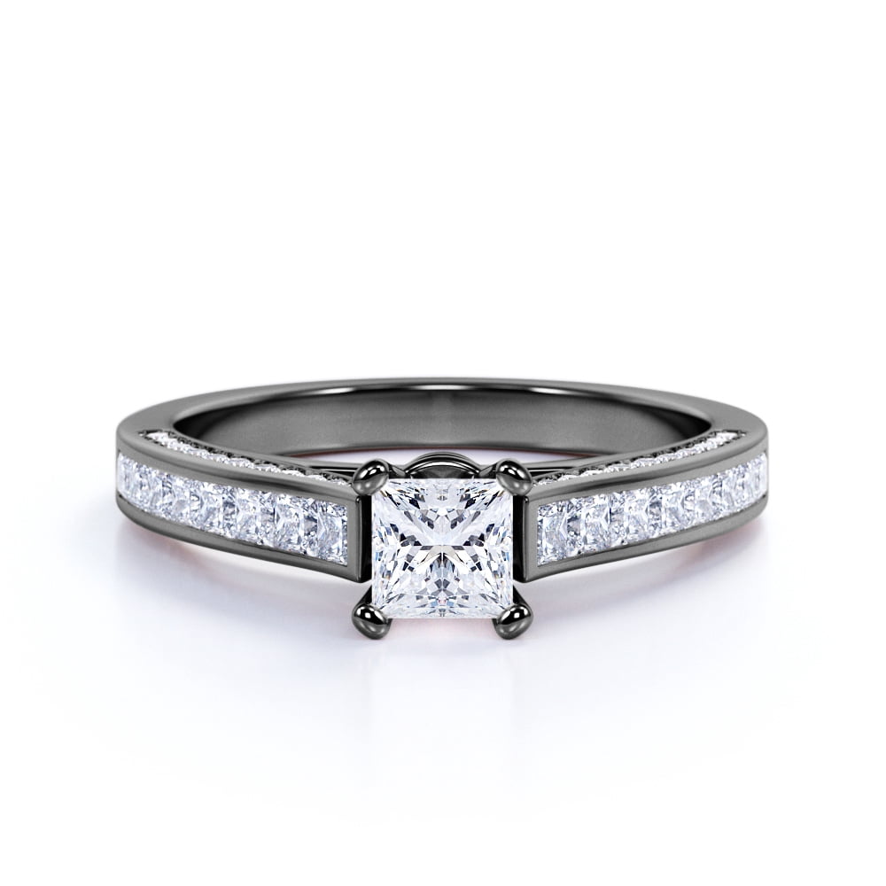 JeenMata Vintage 1 Carat Princess Cut Moissanite - Channel Set Band - Edwardian Gothic Engagement Ring in 18K Black Gold over Silver