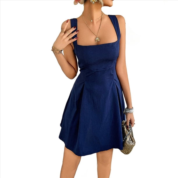 Vestido Mini Informal Sin Mangas con Cuello Cuadrado para Mujer, Estilo Acampanado, para Fiesta y Club. Azul Marino L