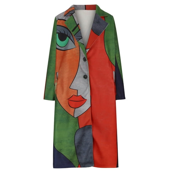 IROINNID Women's Woolen Jacket Long Sleeve Print Notch Lapel Outwear, Loose Lapel Jacket Interesting Unique Wool Long Jacket