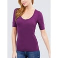 thumbnail image 3 of Women Basic Casual V-Neck Elbow Sleeve Stretchy Jersey T-Shirts Top, 3 of 5