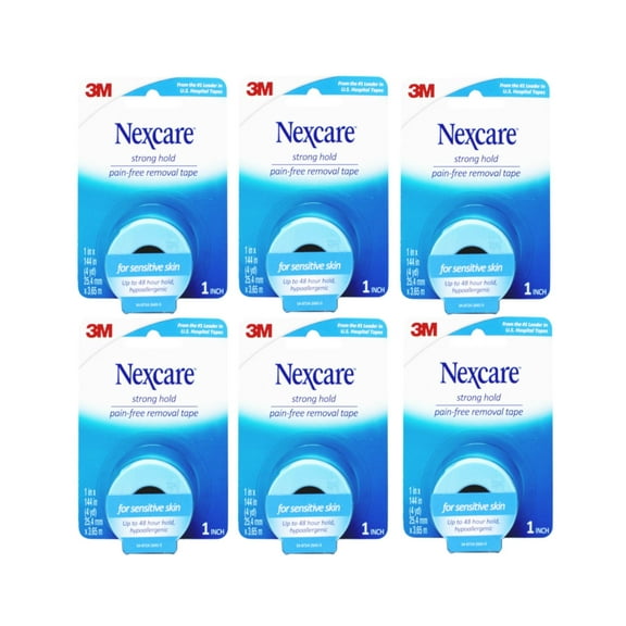 Nexcare Strong Hold Pain-Free Removal Tape for Sensetive Skin , Up to 48 hour hold, Hypoallergenic - 1 In x 4 Yds, 1 Roll - 6 Pack