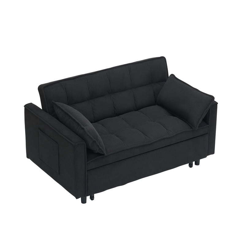 54.3" Corduroy Modular Sectional Sleeper Sofa,Loveseat with Pull Out Bed, Black – Space-Saving Couch for Living Room, Guest Bed, Apartment