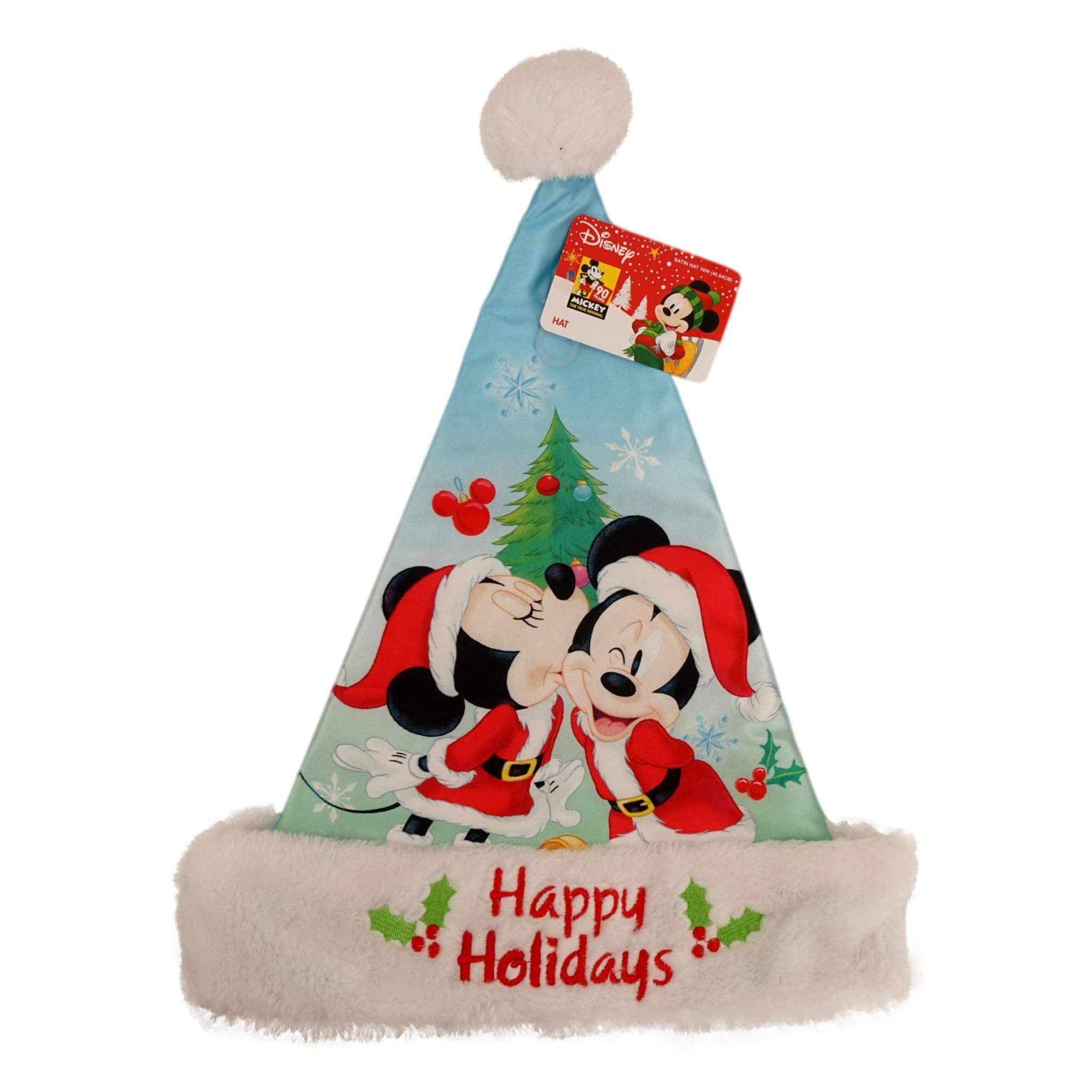 Minnie and Mickey Mouse Christmas Santa Hat (16 in tall, Blue) Satin feel,  Embroidered Merry Christmas Fluffy Rim, Pom Pom Xmas Party