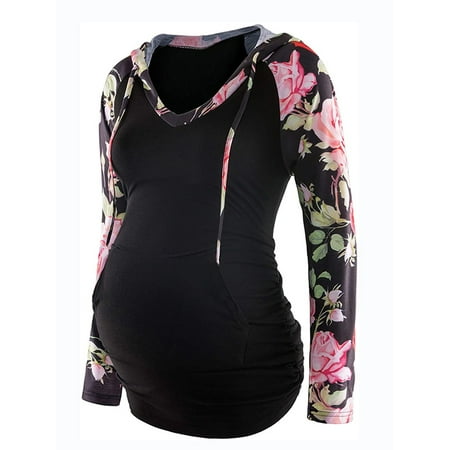 

Enjiwell Women s Maternity Stripe Foral Color Stitching Drawstring Hooded Dropped Shoulder Long Sleeve Tops
