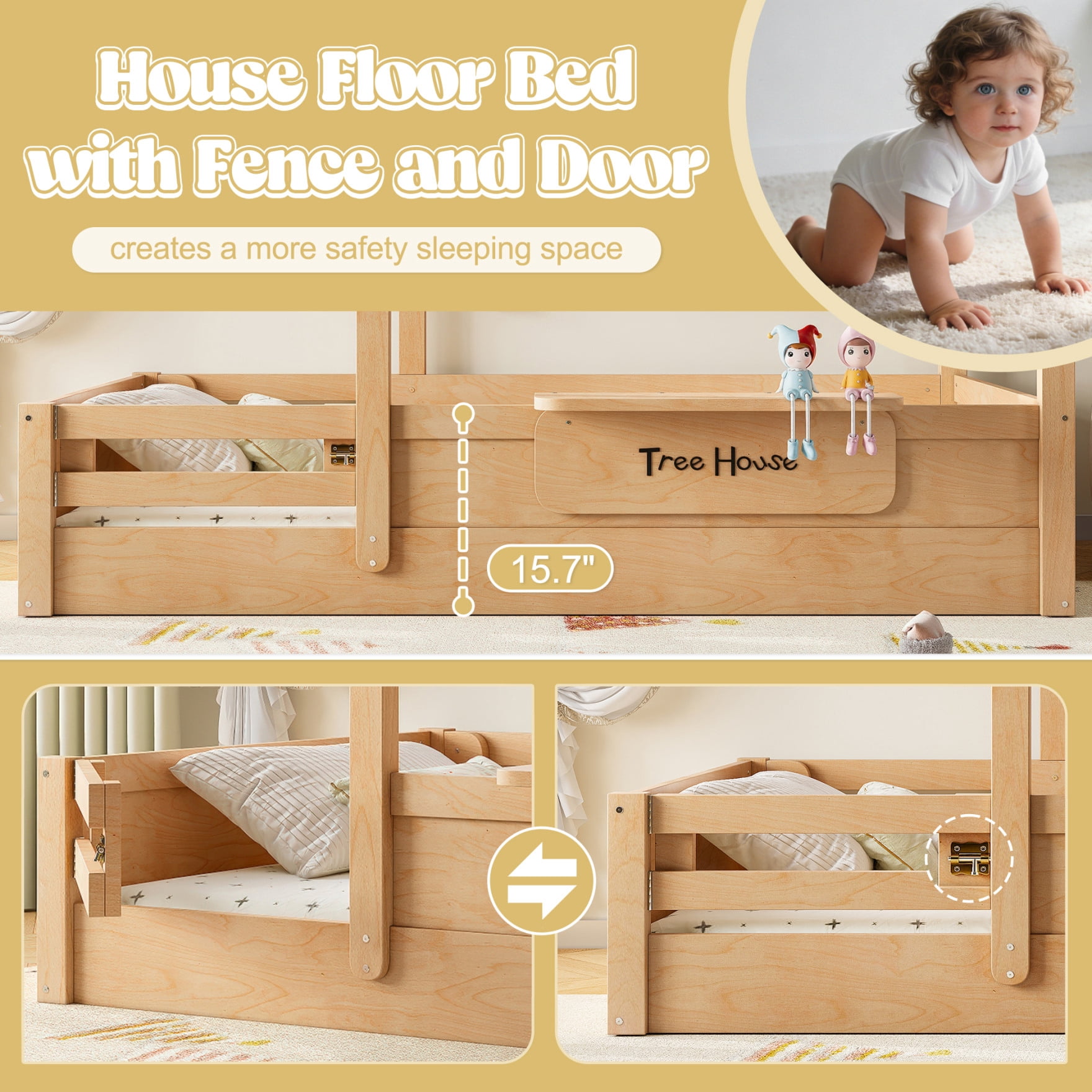 Full House Bed for Kids, Wooden Montessori Floor Bed with Door and Fence, Playhouse Roof Toddler Floor Bed with Built-in Tray for Boys & Girls, Natural
