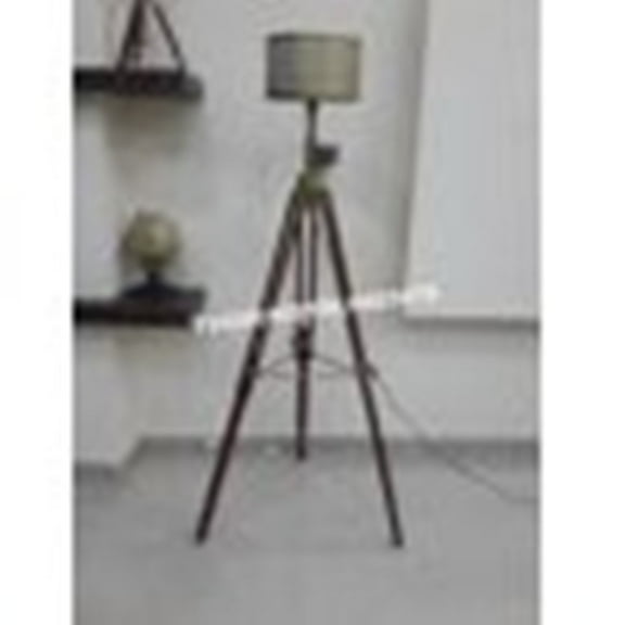 Thor Instruments Vintage Style Retro Brown Wood Tripod Floor Lamp With Vintage Brass Lamp Shade Home Decor