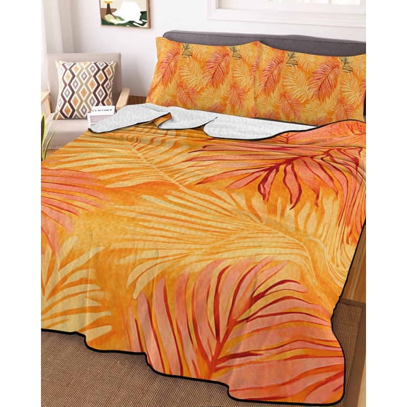 Orange Tropical Leaf Full Size Down Alternative Comforter, Lightweight Comforter Quilt Bedding Set with Pillow Shams Summer Palm Leaves Botanical All Seasons Bed Comforter Duvet Insert 78"x90"