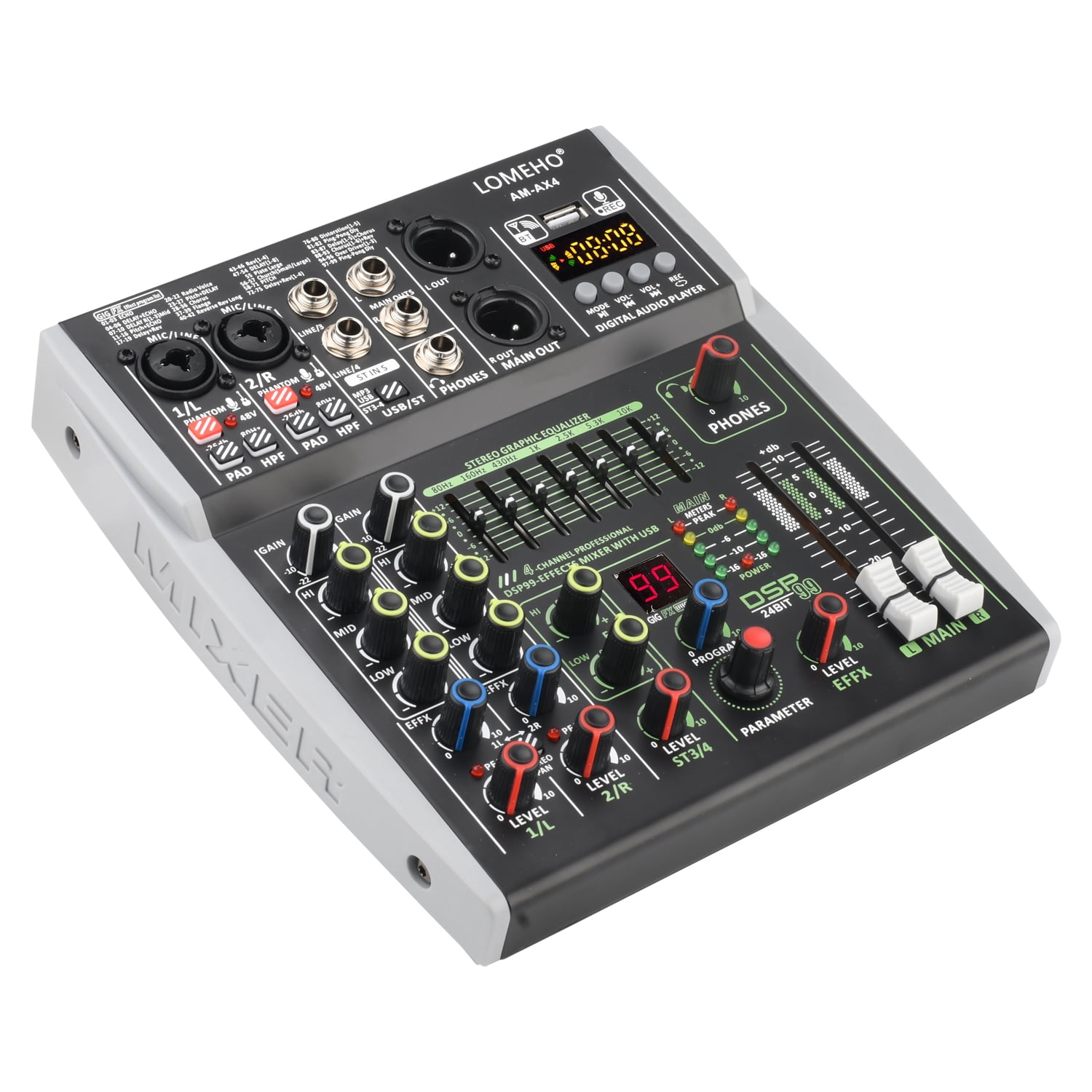 4/6 Channel Input Mixing Console 48V 99 DSP Effect Bluetooth DJ Mixer USB PC Play Record Podcast Sound Table AM-AX4 ,Easy to Operate