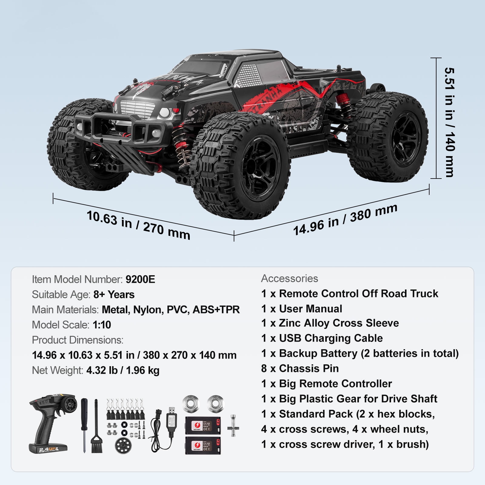 KFFKFF Wireless Operated Vehicle, RC Car in 1:10 Scale for Children, 4WD Monster Truck Capable of 45° Wheelie, Equipped with 2 Batteries, Capable of 38 km/h Speed - Perfect Present