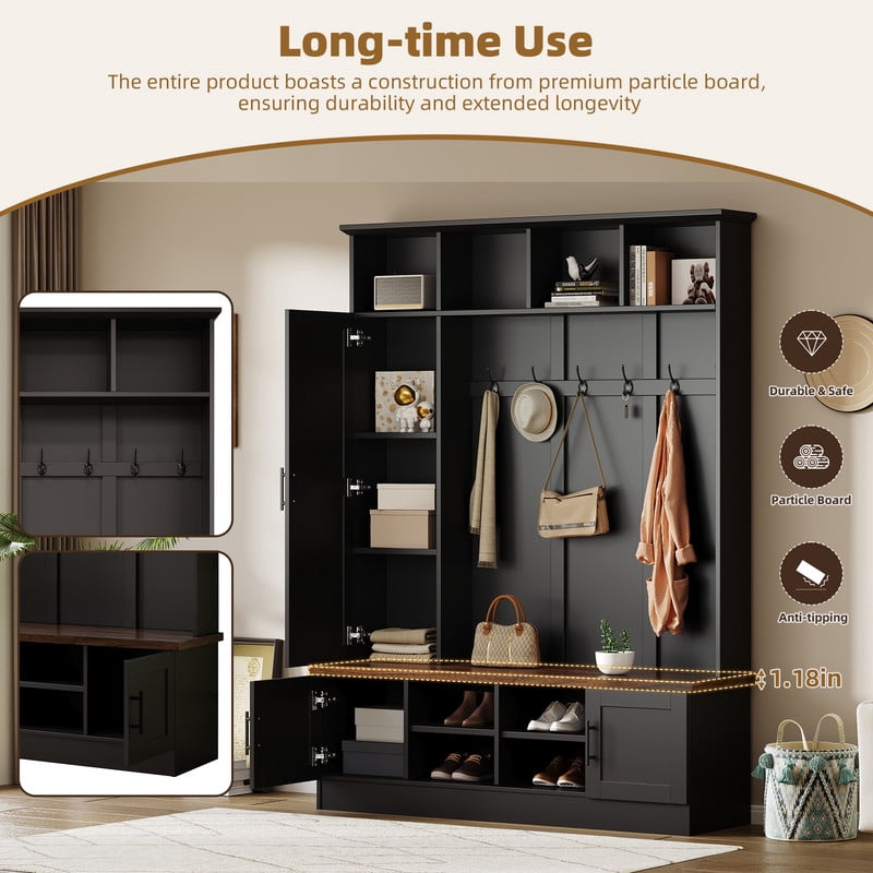 Farmhouse 3-in-1 Hall Tree with 6 Hooks, Versatile Storage Bench with Cabinets and Open Compartments, Entryway Coat Rack
