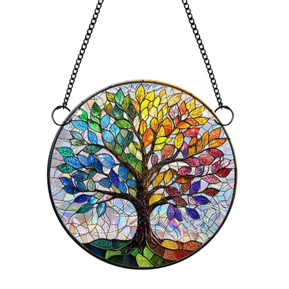 HOARBOEG Colorful Tree of Life Suncatcher, Acrylic Stained Glass Window Hanging Ornament, Rainbow Light Catcher Wall Sun Catcher Decor for Home Living Room Bedroom Garden Patio Door