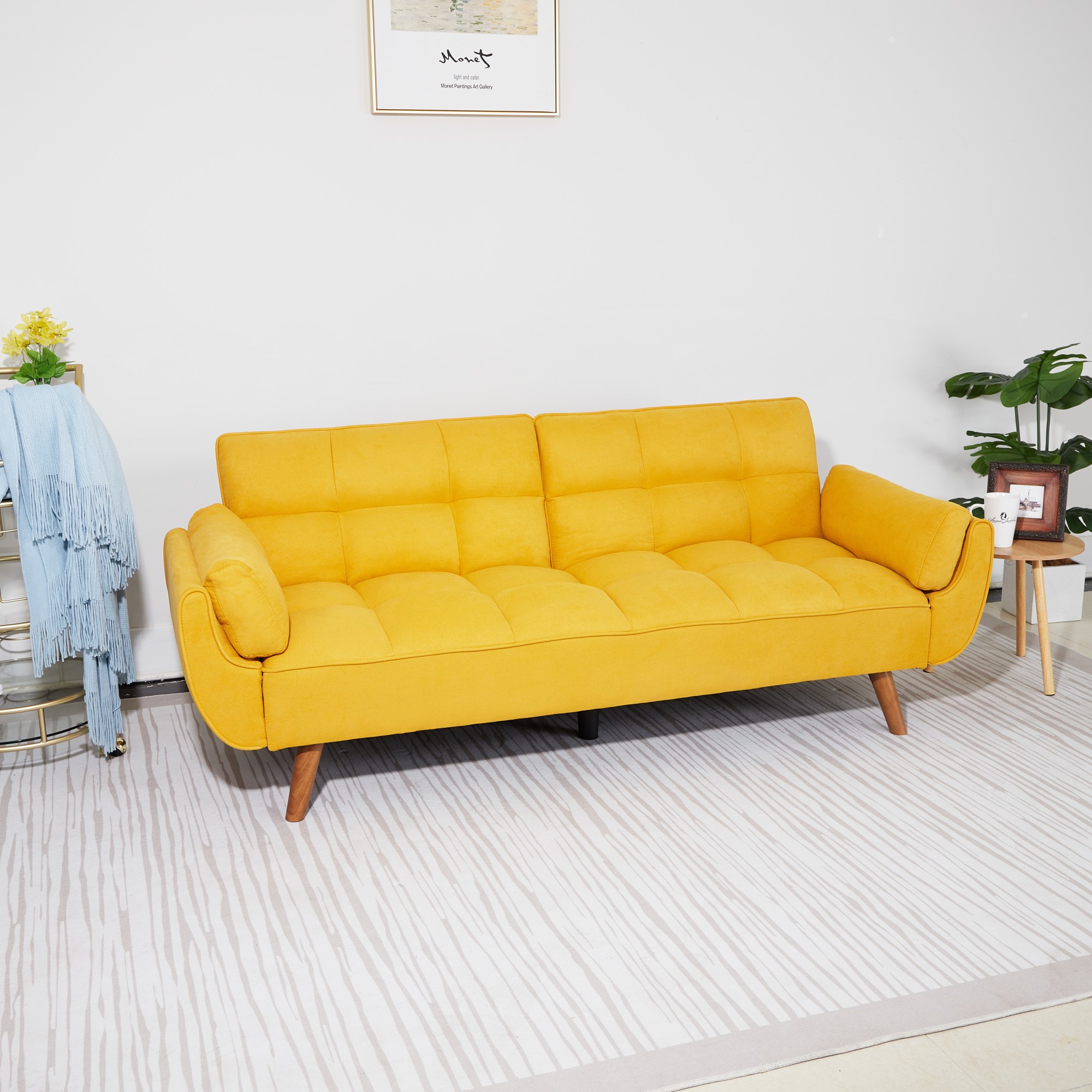 Gewnee Mid-Century Modern Yellow Sofa - Solid Eucalyptus Wood Frame, 500 lbs Capacity, S-Shaped Springs for Apartments, Living Rooms, Studies