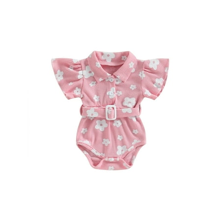 

Sunisery Toddler Baby Girls Romper Summer Short Sleeve Lapel Buttons Floral Casual Short Jumpsuit with Waist Belt Rose Pink 0-3 Months