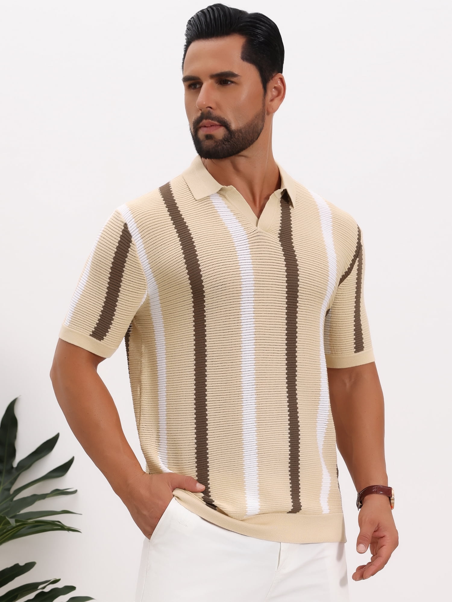 DARING DIVA Men's Hollow Knit Polo Shirt V Neck Short Sleeve Golf Polo Shirts S Khaki