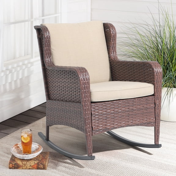 JOIVI Patio Resin Wicker Rocking Chair with Cushions, Outdoor Furniture Club Rocker Chair, Brown Wicker & Beige Cushions