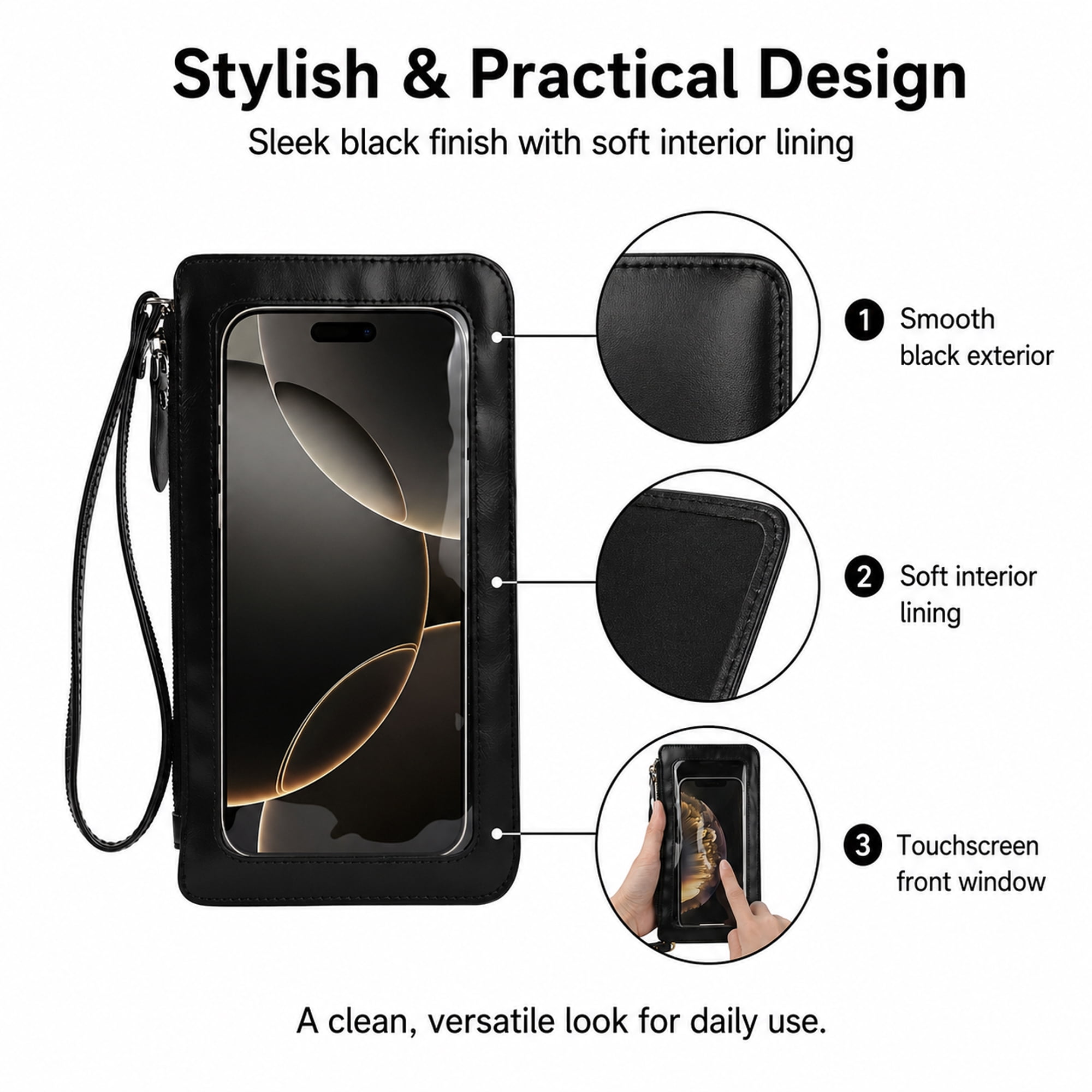 Touch Screen Phone Crossbody Bag, Mini Smartphone Shoulder Pouch with Clear Window Black