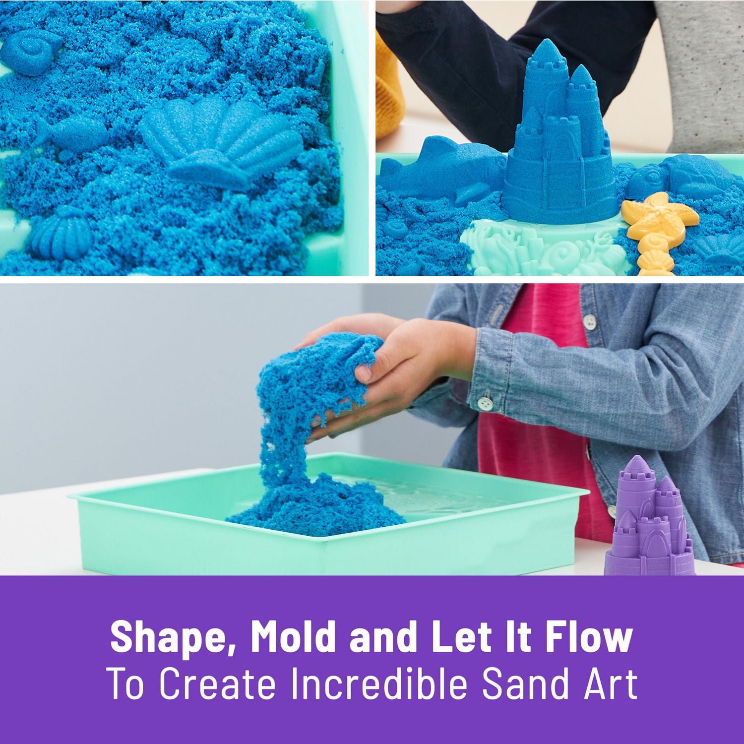 Kinetic Sand Sandbox Set, 1lb Blue Play Sand, Sandbox Storage, 4 Molds and Tools, Sensory Toys for Kids Ages 3+