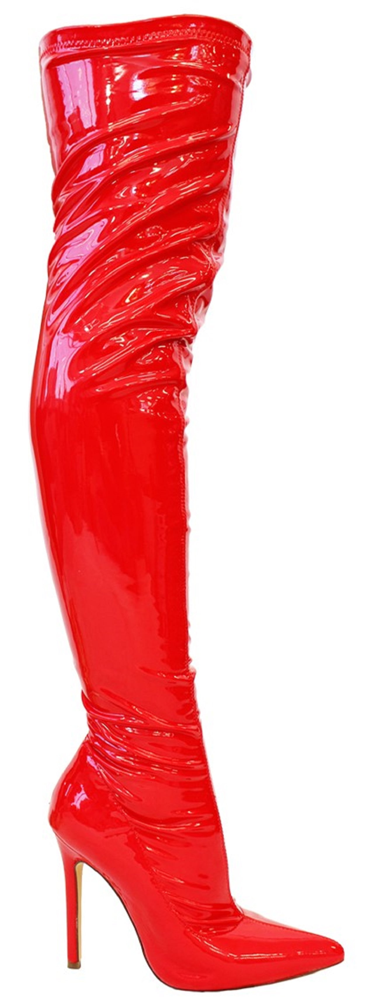 Womens Warm Over Knee High Stiletto Heel Boots Pointed Toe Patent Leather Shoes 