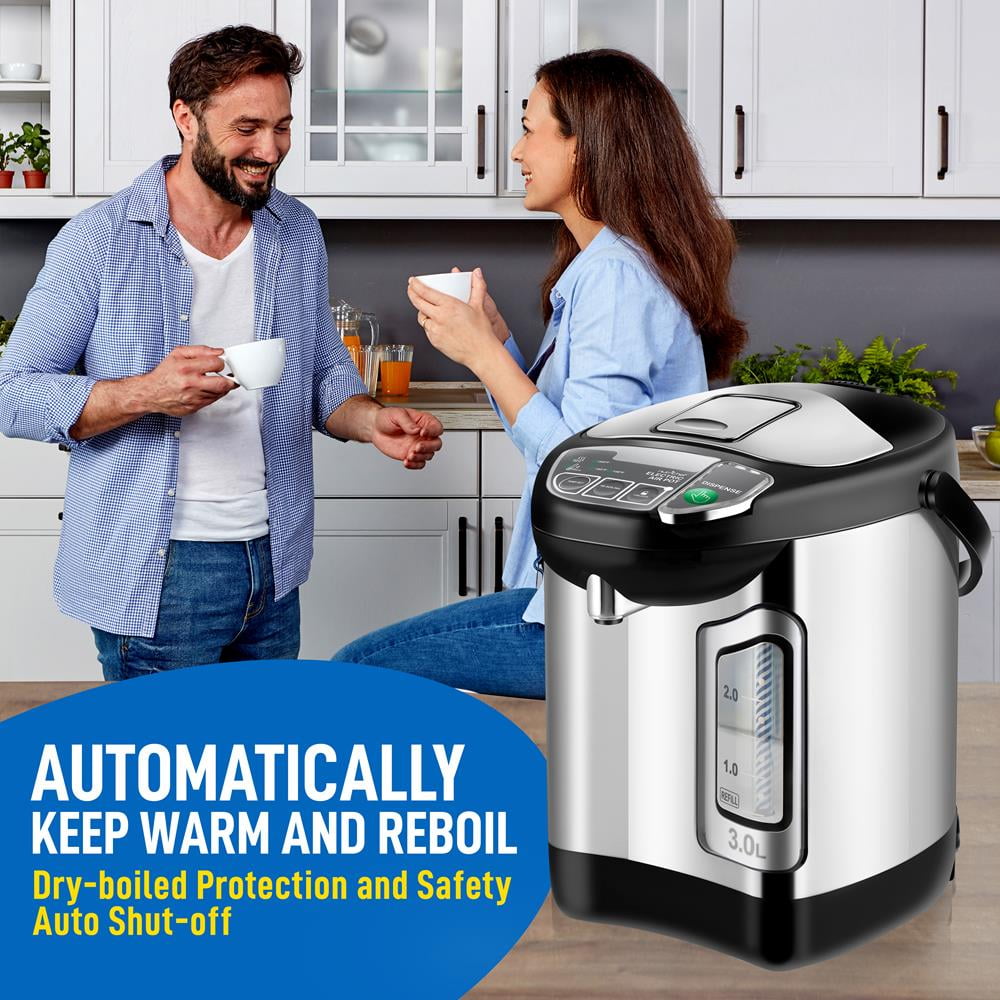 NutriChefKitchen Electric Water Boiler and Warmer - 3L/3.17 Qt Stainless Steel Electric Hot Water Dispenser w/ Rotating Base, Auto Shut Off, Safety Lock, Instant Heating for Coffee & Tea (NCHUB13)
