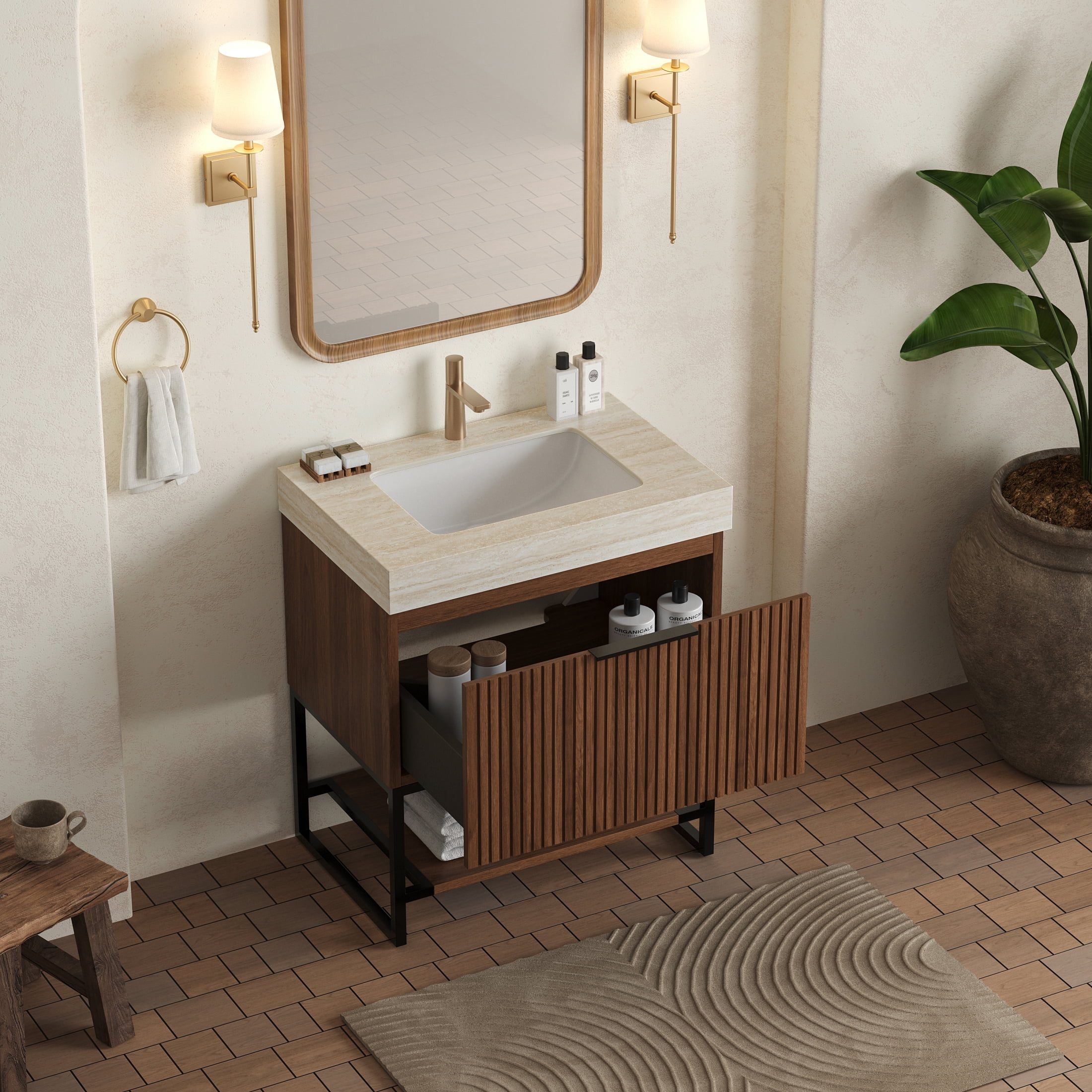 30" Pre-assembled Freestanding Bathroom Vanity with Sintered Stone Top, Drawer and Open Shelf Storage Cabinet