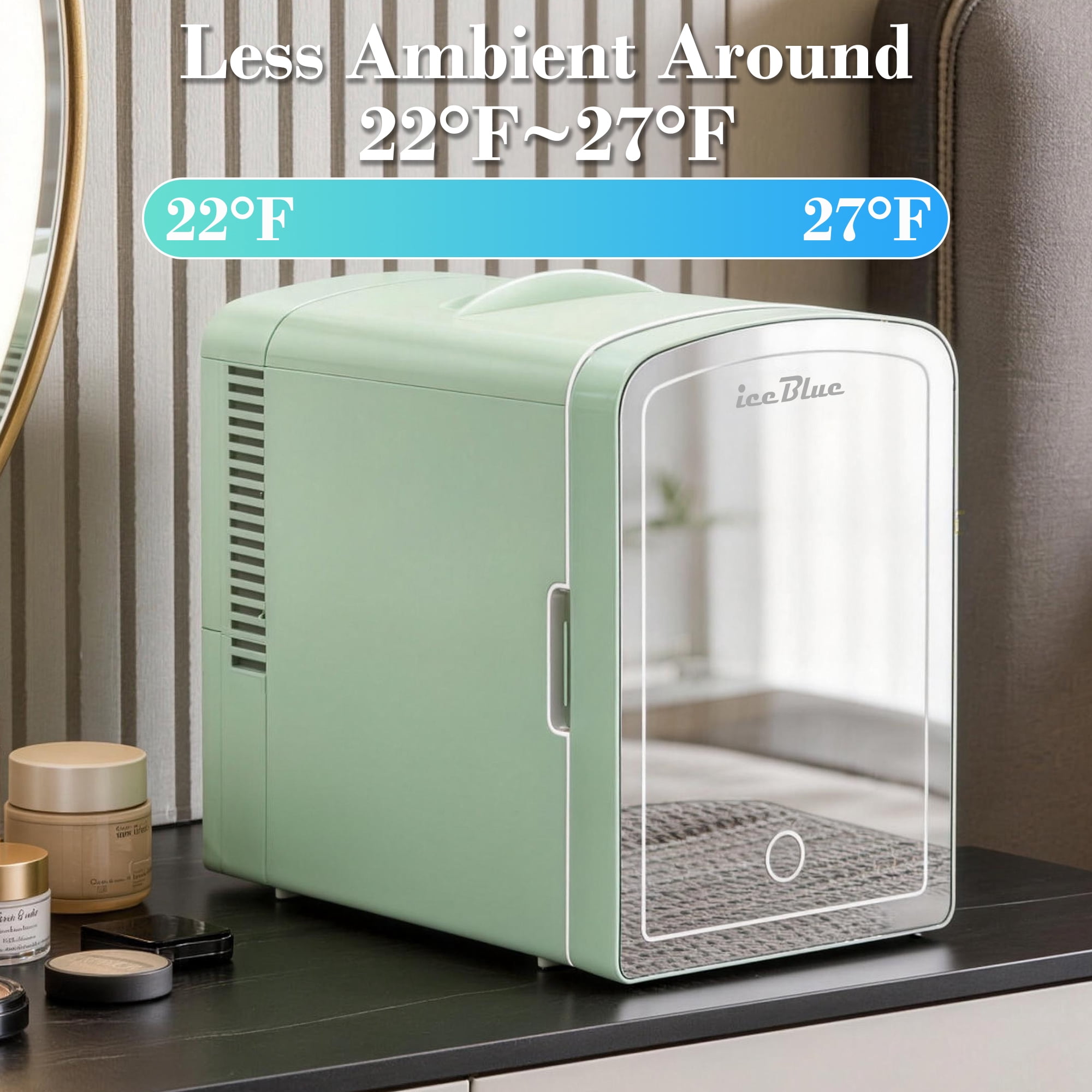 iceBlue LED Mirror Skincare Refrigerator- 6L Mini Fridge for Makeup & Drinks - Car/Home Portable Cooler