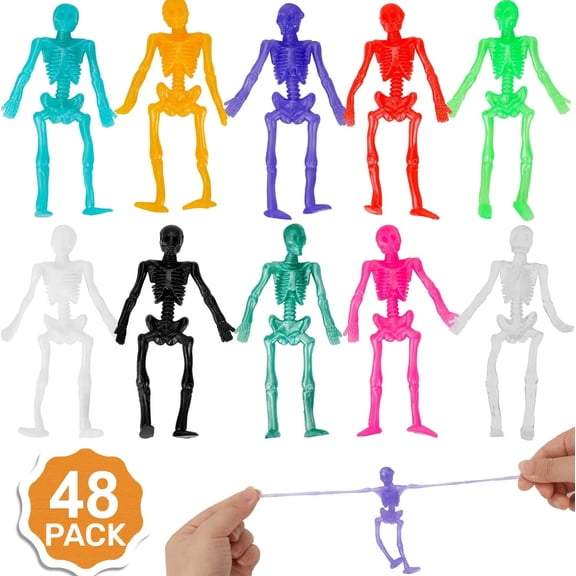 48 Pack Stretchy Skeletons Stretchy Toys Set, Random 10 Glitter Colors Sensory Bendable Toys Party Favors for Kids Birthday Halloween Gift, Goodie Bags Pinata Filler, Classroom Prizes